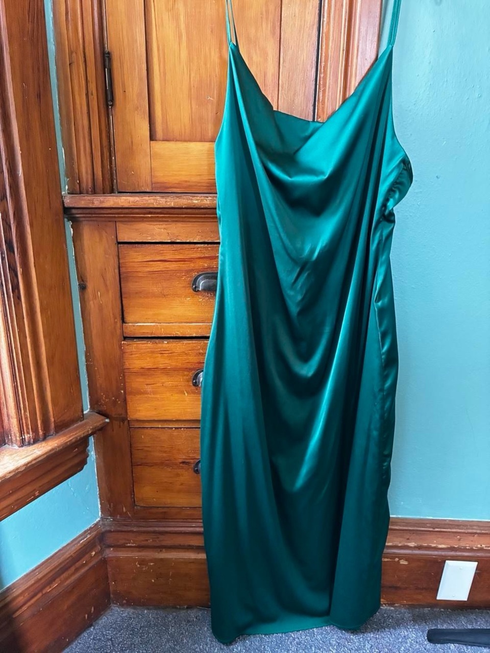 Emerald Satin Midi Slip Dress with Cowl Neckline